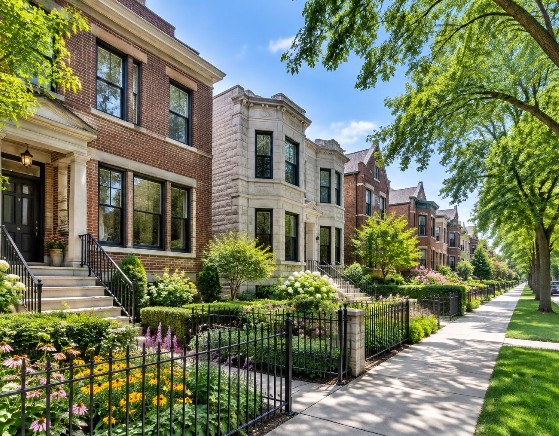 Brick and greystone homes on a leafy North Side street
