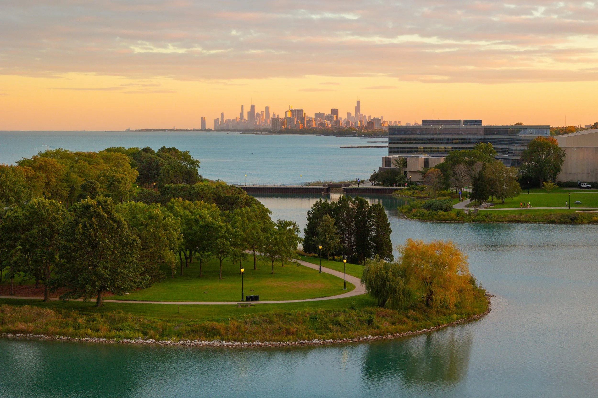 The Chicago skyline in the distance, seen across the lake from Northwestern University's campus in Evanston