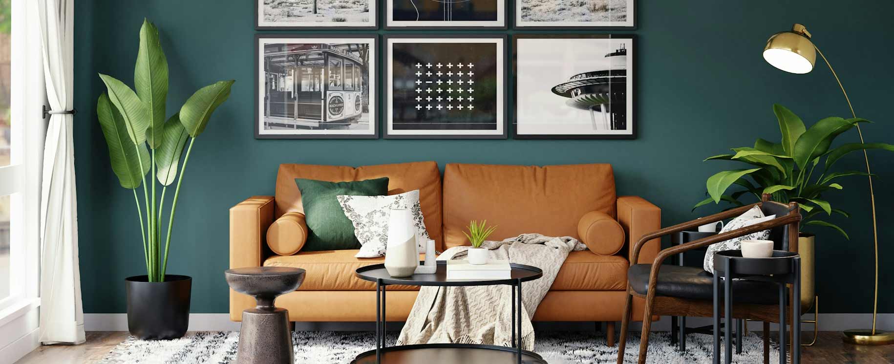 Living room with a camel sofa, coffee table, and accent chair.