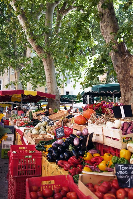 fruits and vegetables displayed at a farmers market