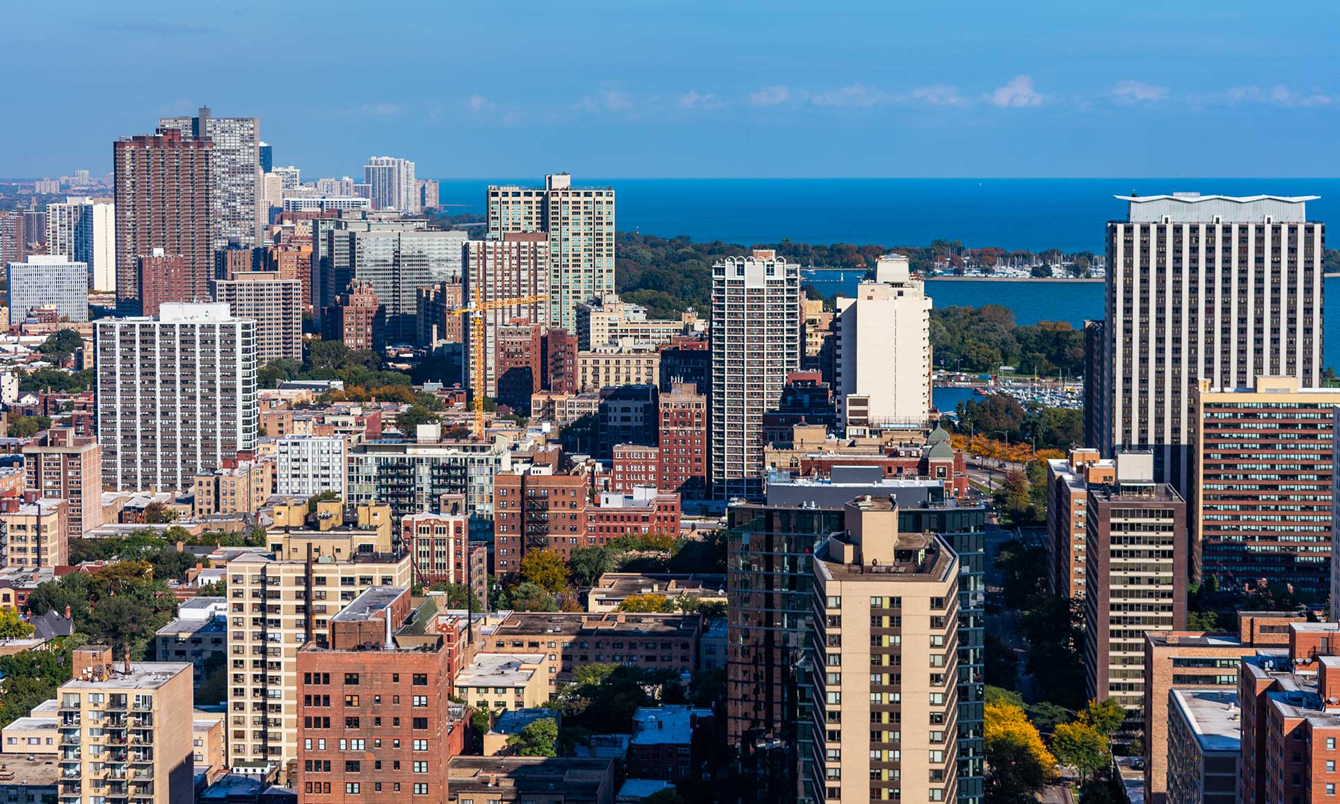 Aerial view of buildings and Lake Michigan in Chicago's Lakeview neighborhood.