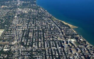 Aerial view of Rogers Park and Lake Michigan