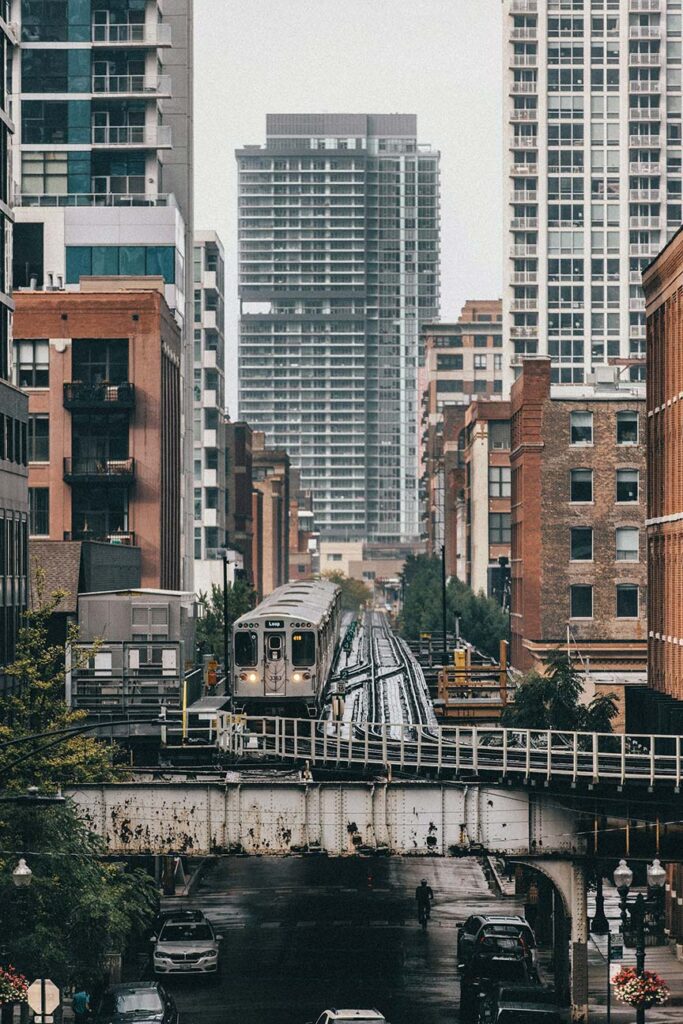 CTA train traveling through a Chicago neighborhood