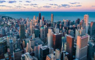 Aerial view of the Chicago skyline and Lake Michigan.